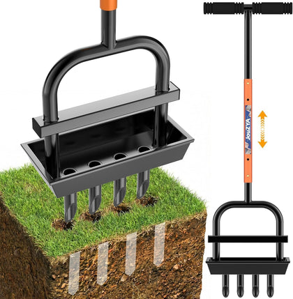 JouZYA lawn aerator with core tray for easy cleanup after aeration.