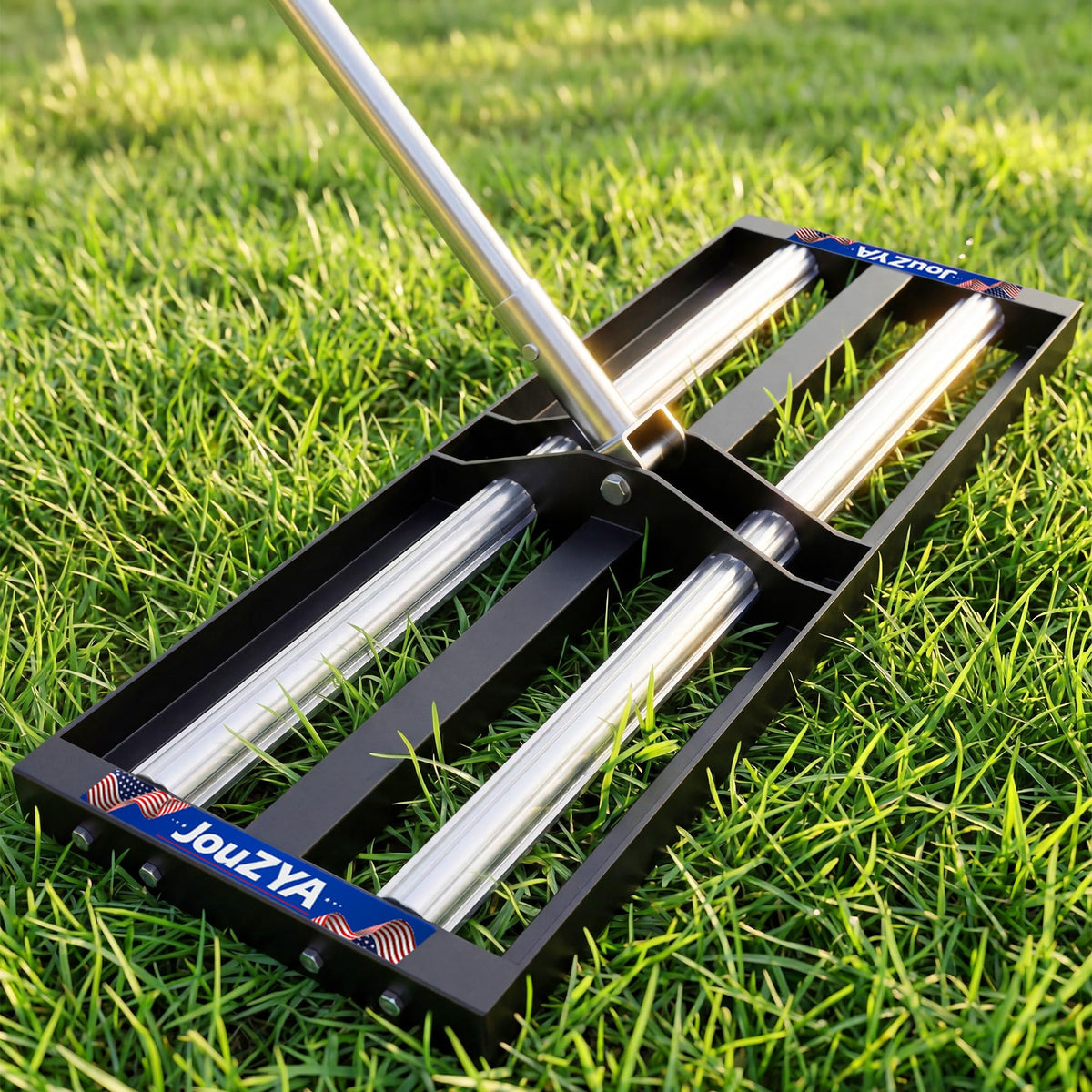 JouZYA Updated Lawn Leveling Rake base with aluminum rollers for faster soil leveling