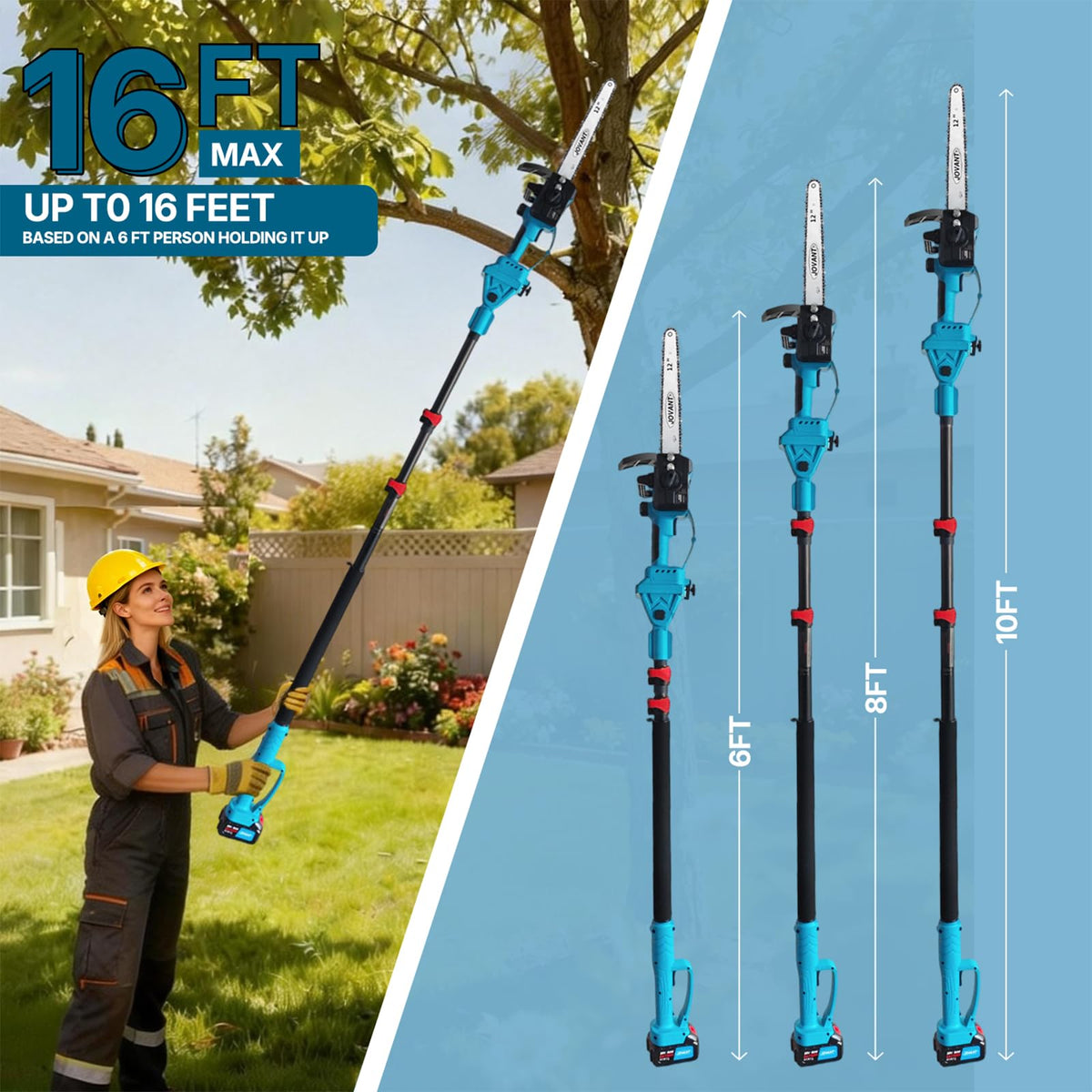 Jovant 2-in-1 pole saw and mini chainsaw offering extension versatility for high branches.