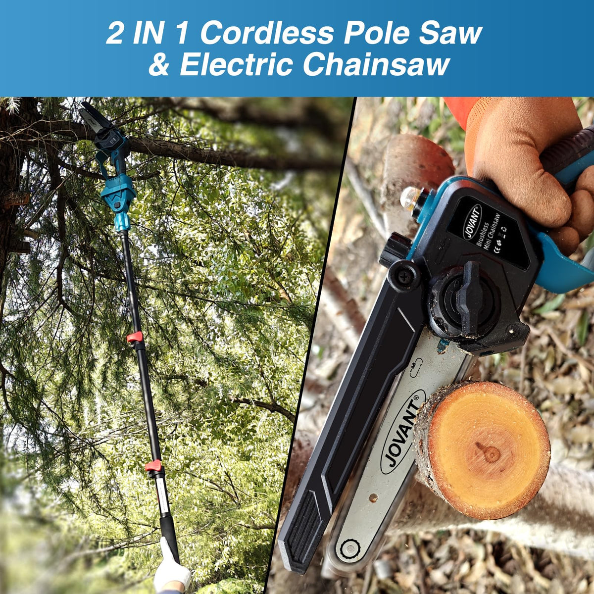 JOVANT cordless pole saw battery powered for easy, location-free yard trimming.