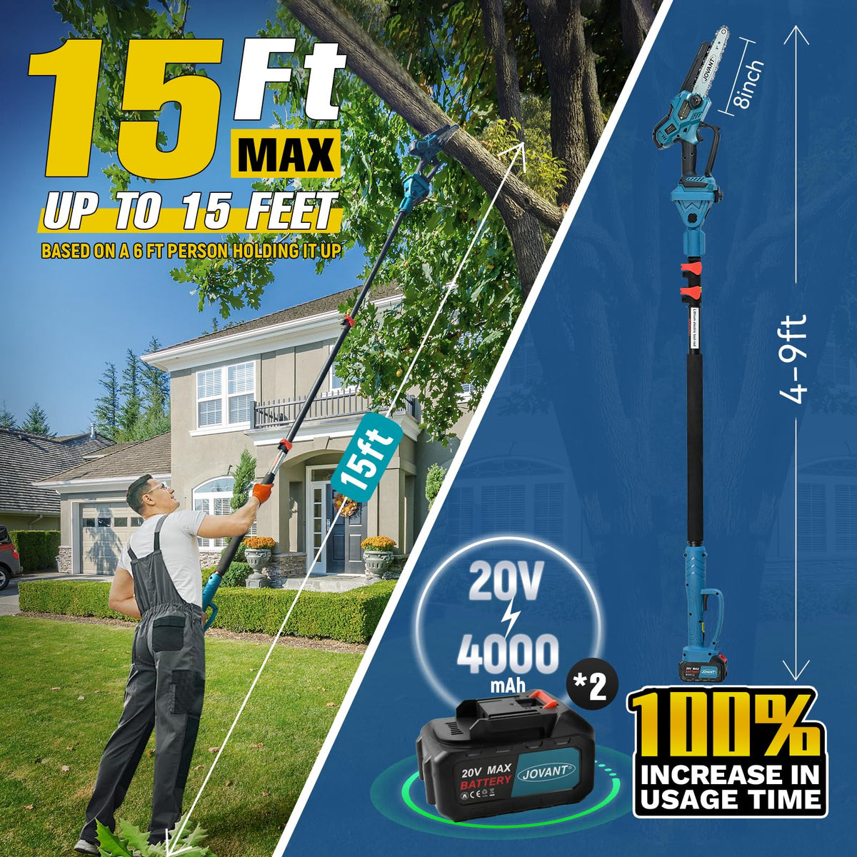 Jovant pole saw extended reach demonstrates 15 ft capability for high limbs.