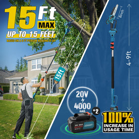 Jovant pole saw extended reach demonstrates 15 ft capability for high limbs.