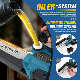 Jovant auto oiler and tensioning system keep the chain properly lubricated.