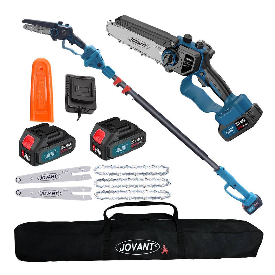 JOVANT electric pole saw with extendable pole enables safe overhead pruning.