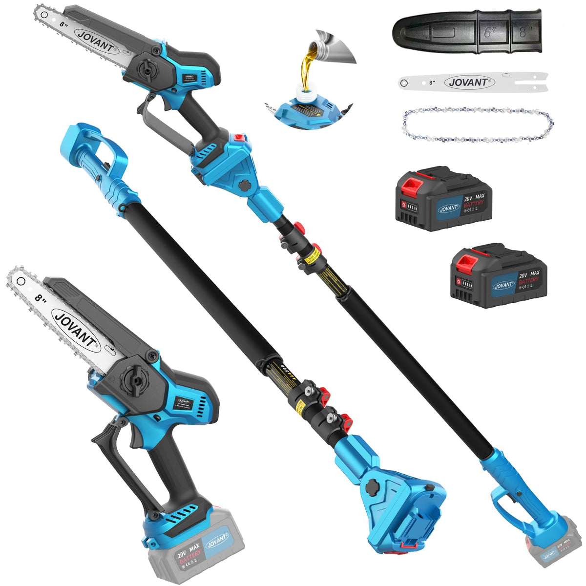 Jovant electric pole saw with extension pole reaching high branches for safer pruning.