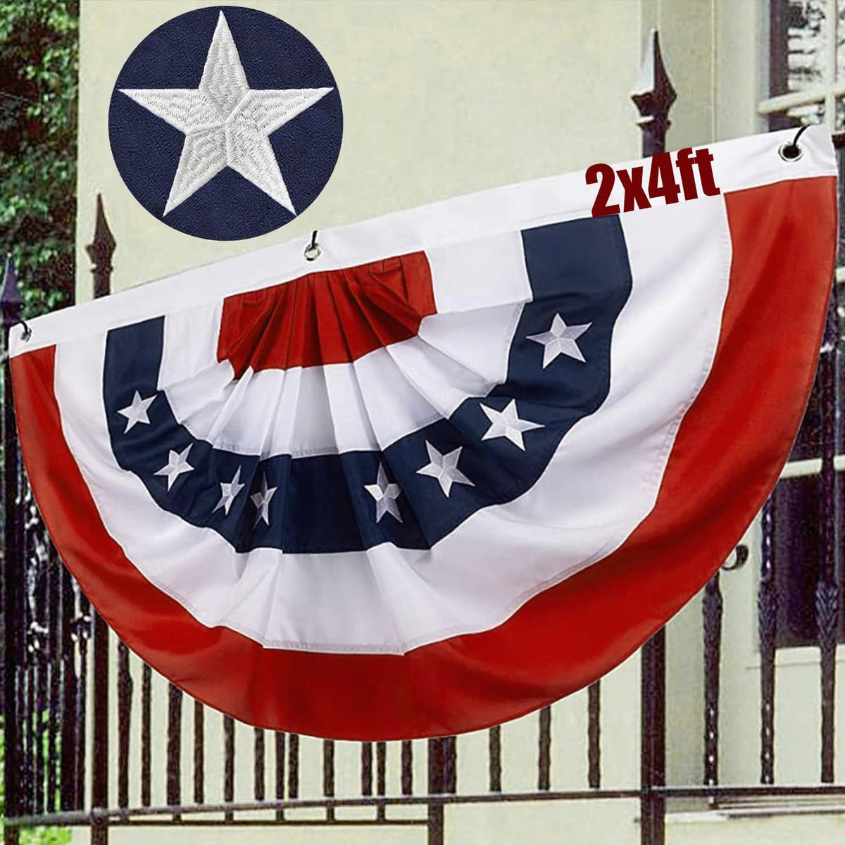 Joven American pleated flag bunting with embroidered stars for outdoor use.