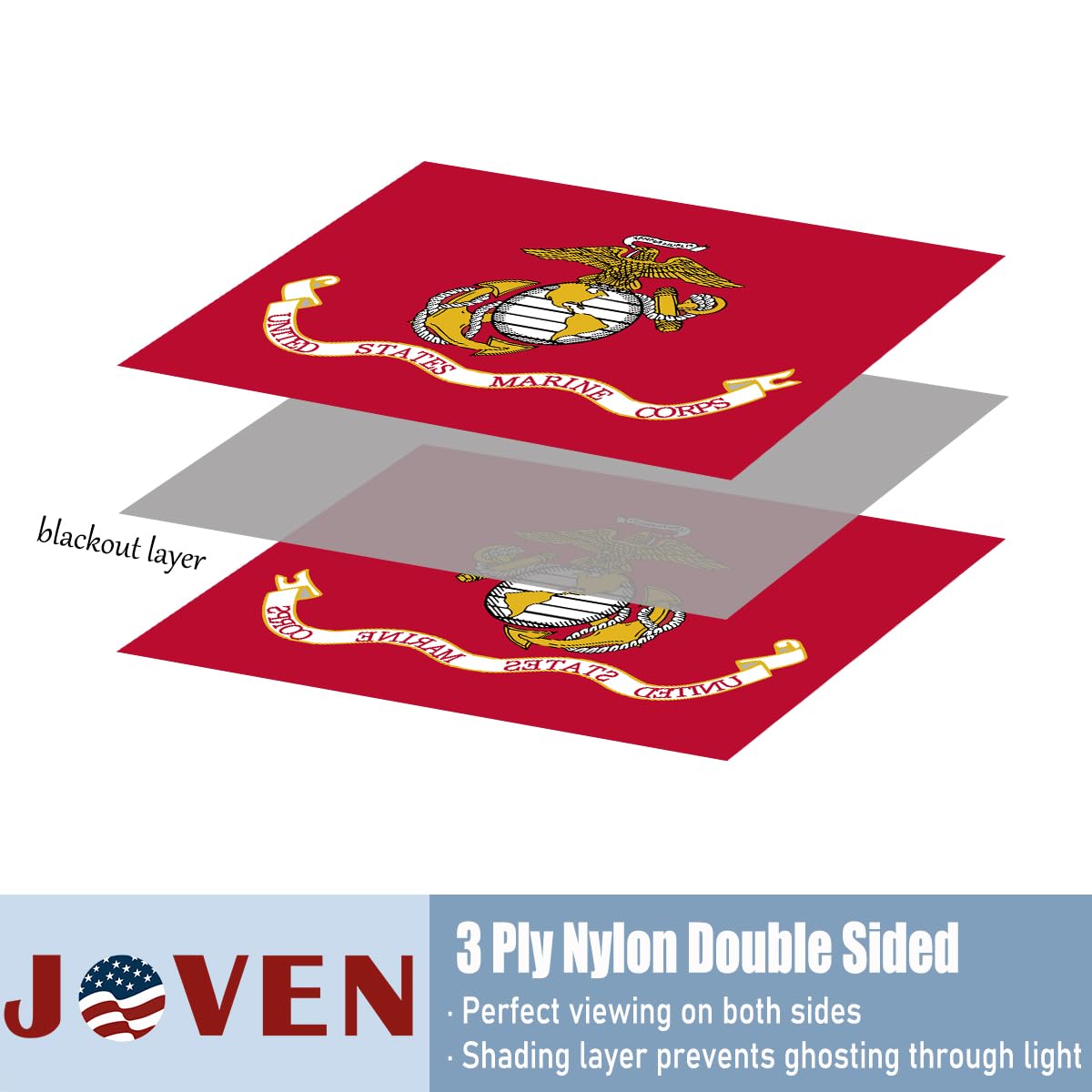 Joven USMC flag with four-row stitching for enhanced durability in windy conditions