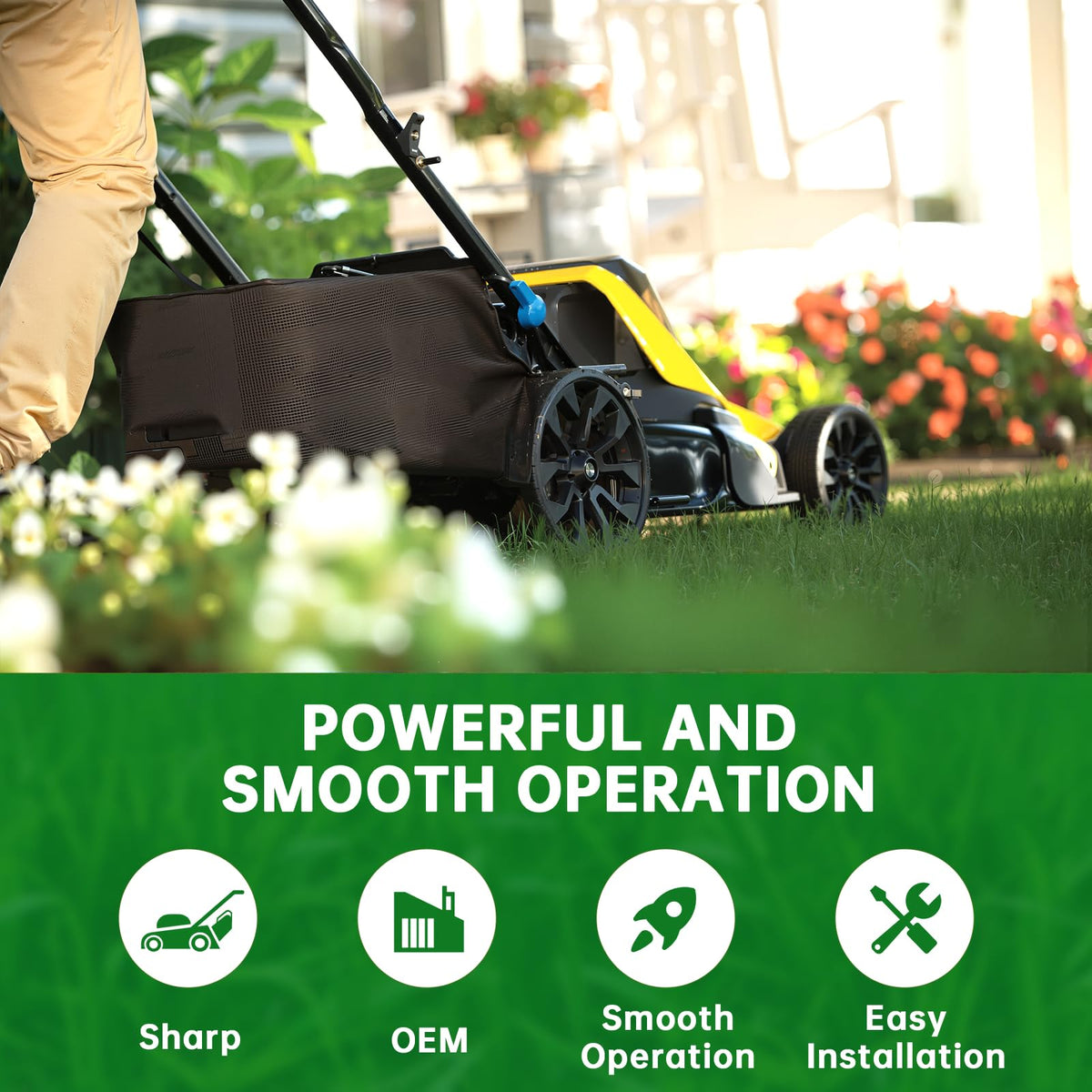 Packaging-ready blade suitable for 21-inch mower decks.