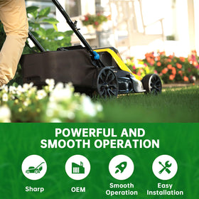 Packaging-ready blade suitable for 21-inch mower decks.