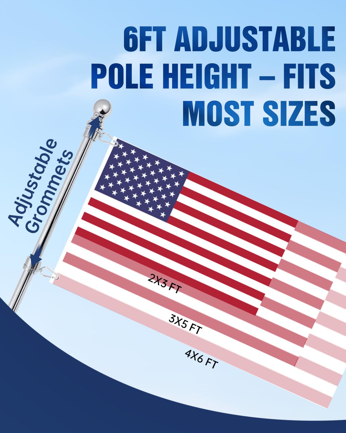 JOYAIRE adjustable-height flag pole from 1.3 to 6 ft for versatile flag sizes.