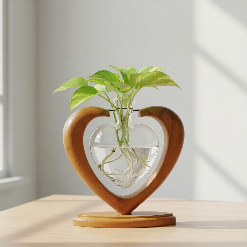 Joyathome heart-shaped propagation station on a wooden stand showing root growth