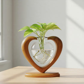 Joyathome heart-shaped propagation station on a wooden stand showing root growth