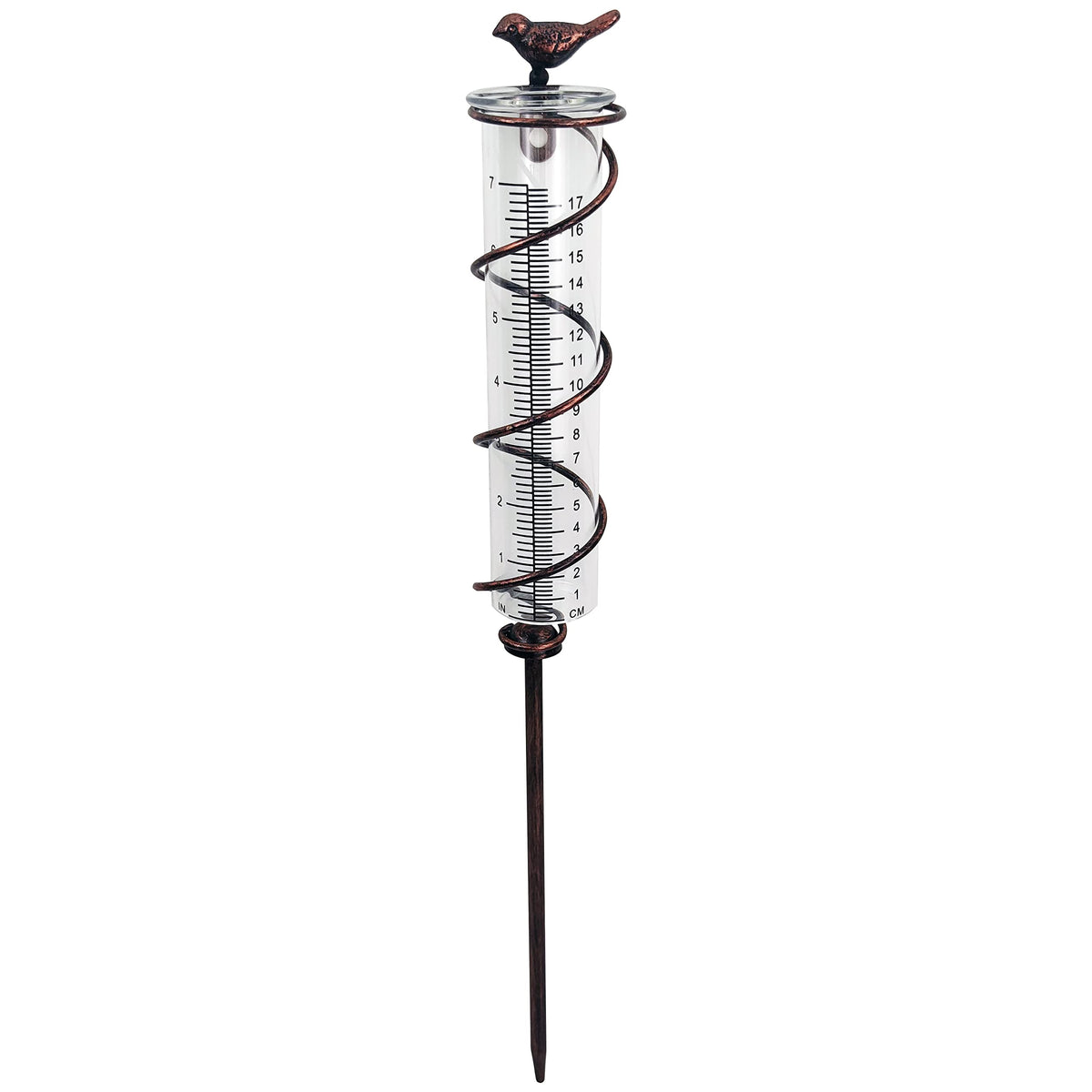 JOYBEE 7inch glass spiral rain gauge in garden, precise rainfall readings