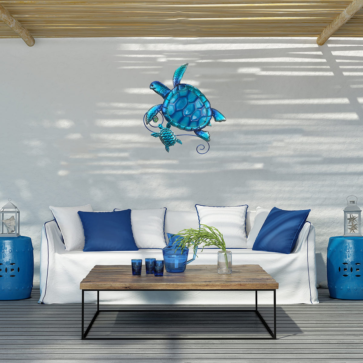 JOYBEE Blue-green stained glass sea turtle for patio or balcony accents.