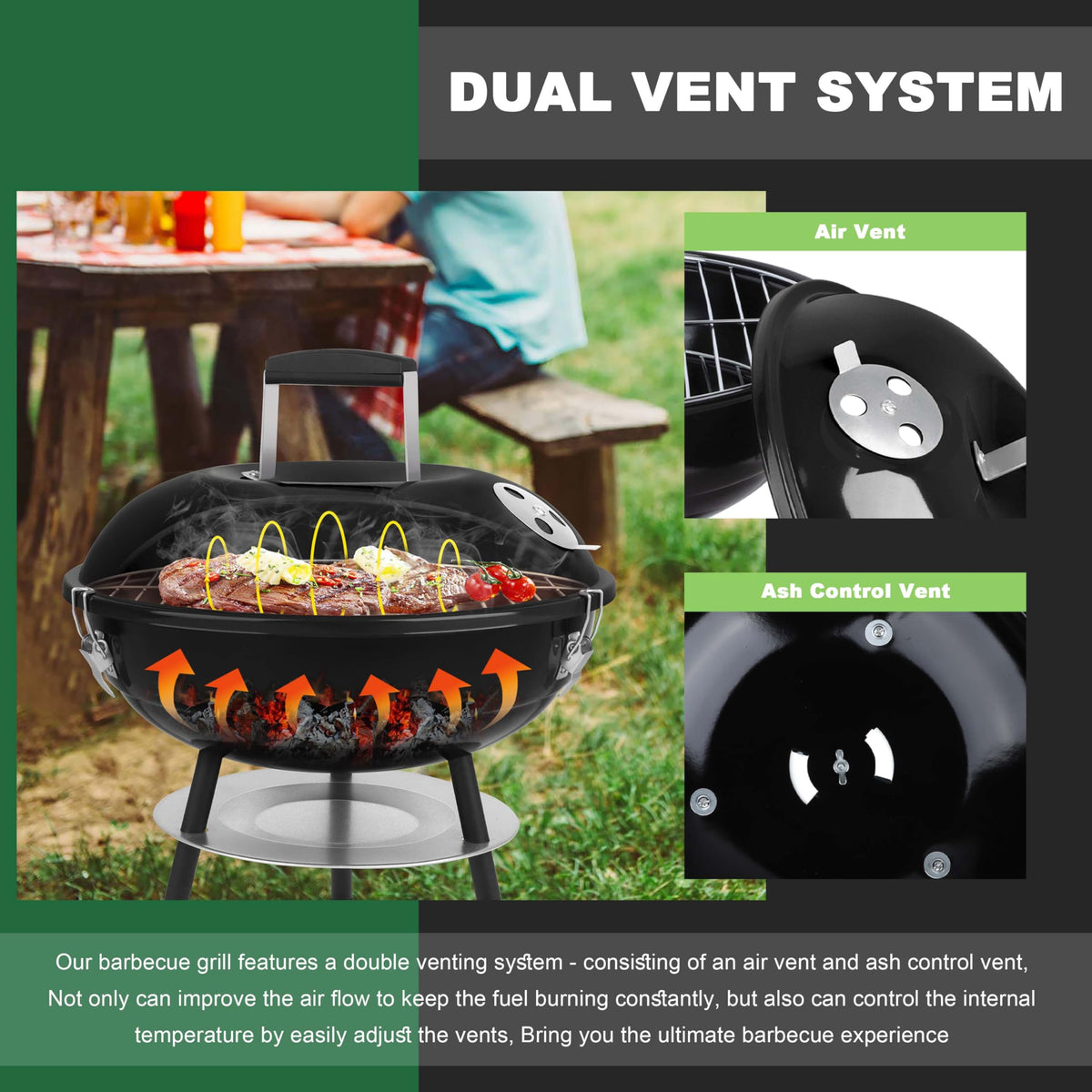 Joyfair 14-inch grilling rack safely holds burgers and kebabs during outdoor BBQ.