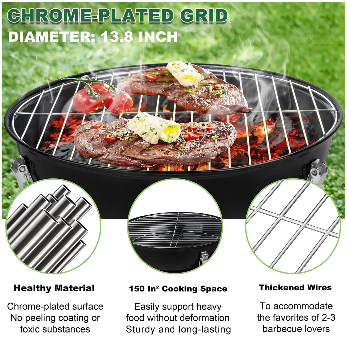 Joyfair 14-inch charcoal grill sturdy frame: robust construction supports long-lasting performance.