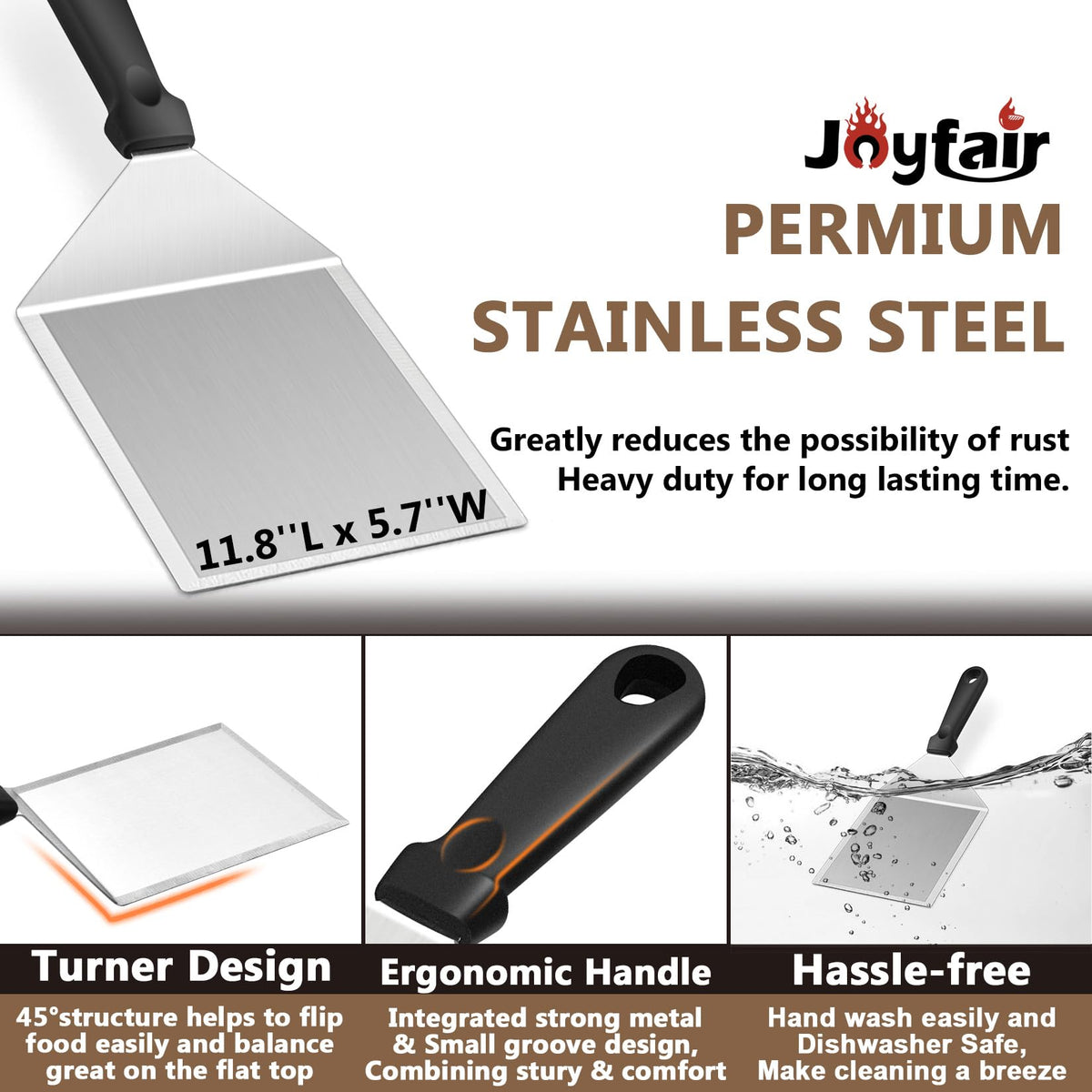 Joyfair 11.8-inch burger spatula with sturdy handle for flipping thick patties