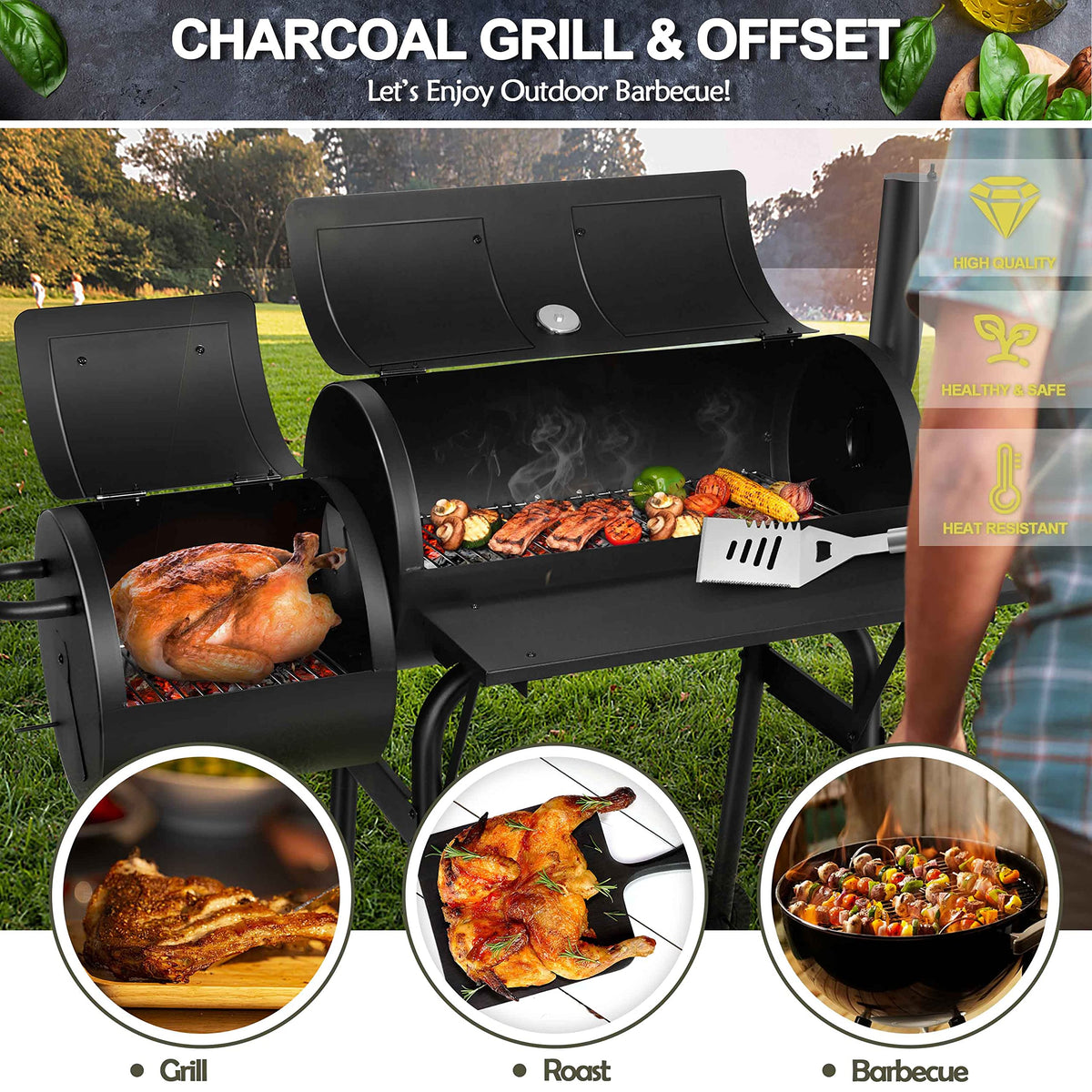 Joyfair built-in thermometer and damped chimney maintain steady temperatures.