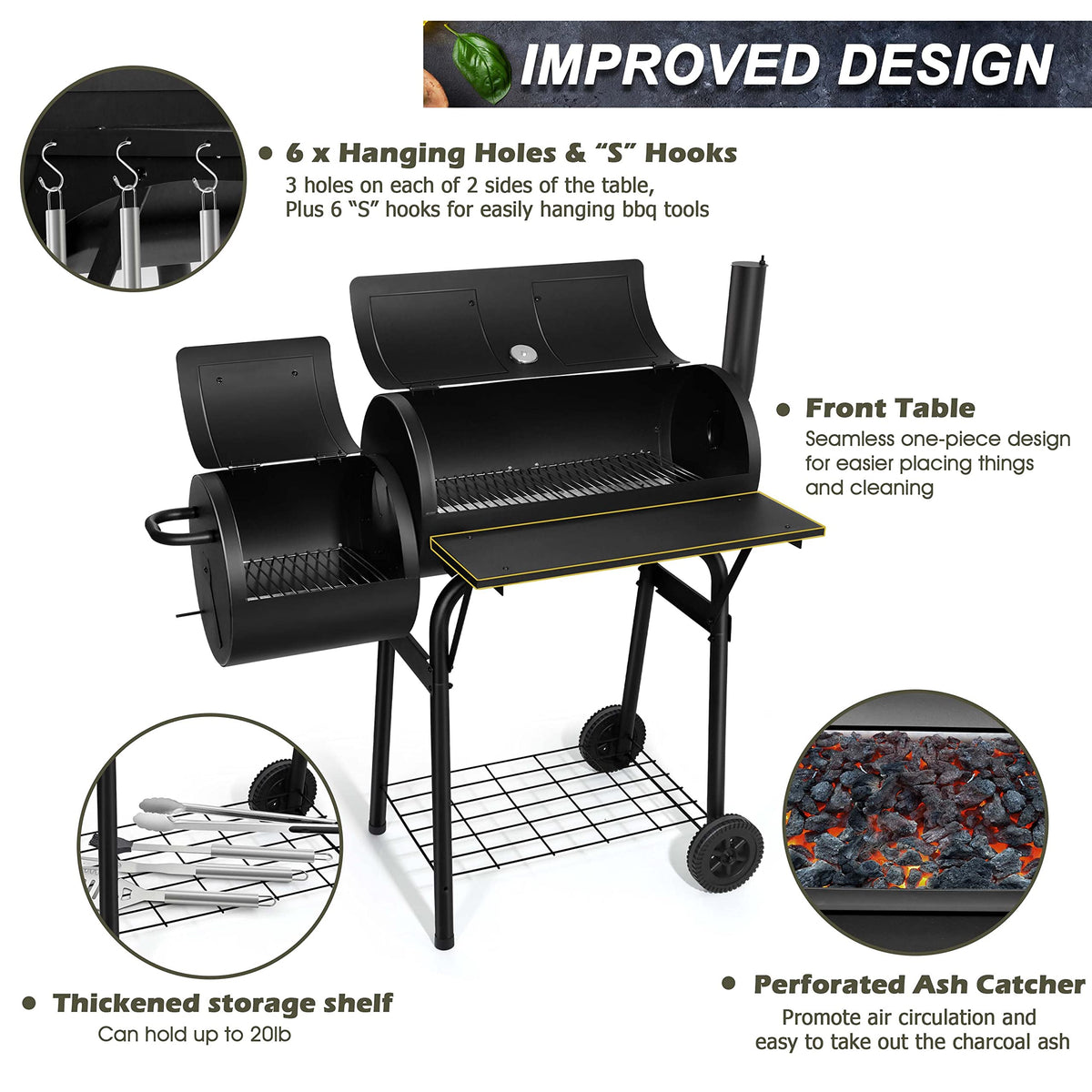 Joyfair dual chamber design offering separate smoking and direct grilling zones.