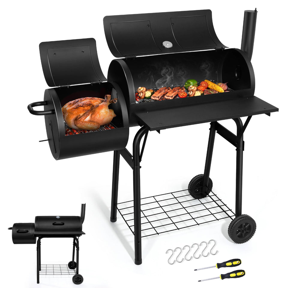 Joyfair Charcoal Grill with Offset Smoker and Side Fire Box for versatile backyard grilling.