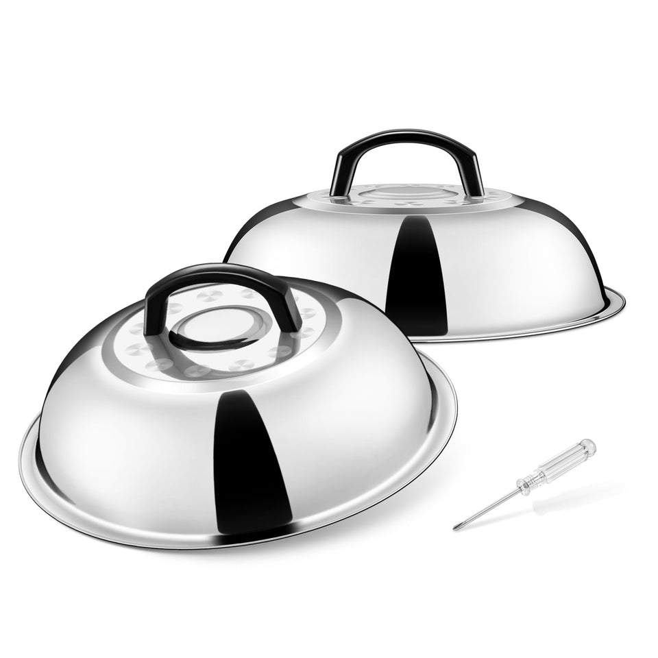 Joyfair cheese dome 11.5 inch set protects patties while melting cheese evenly.