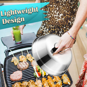 Joyfair multi-purpose grill dome shown on a teppanyaki flat top.