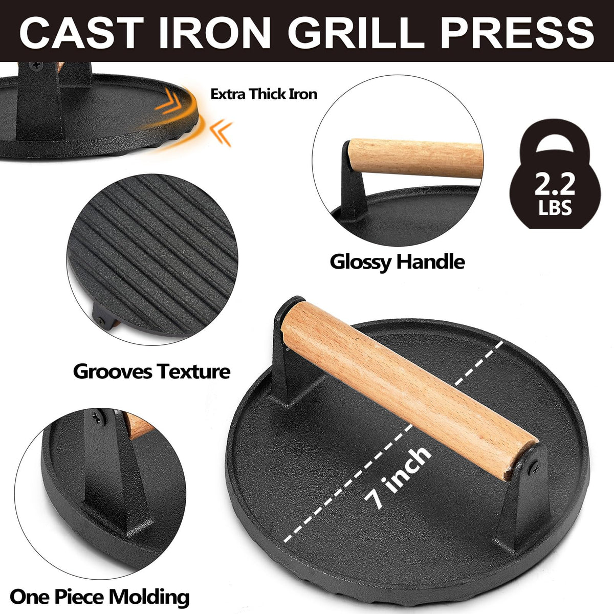 Joyfair round 7-inch grill press for even browning and shaping patties