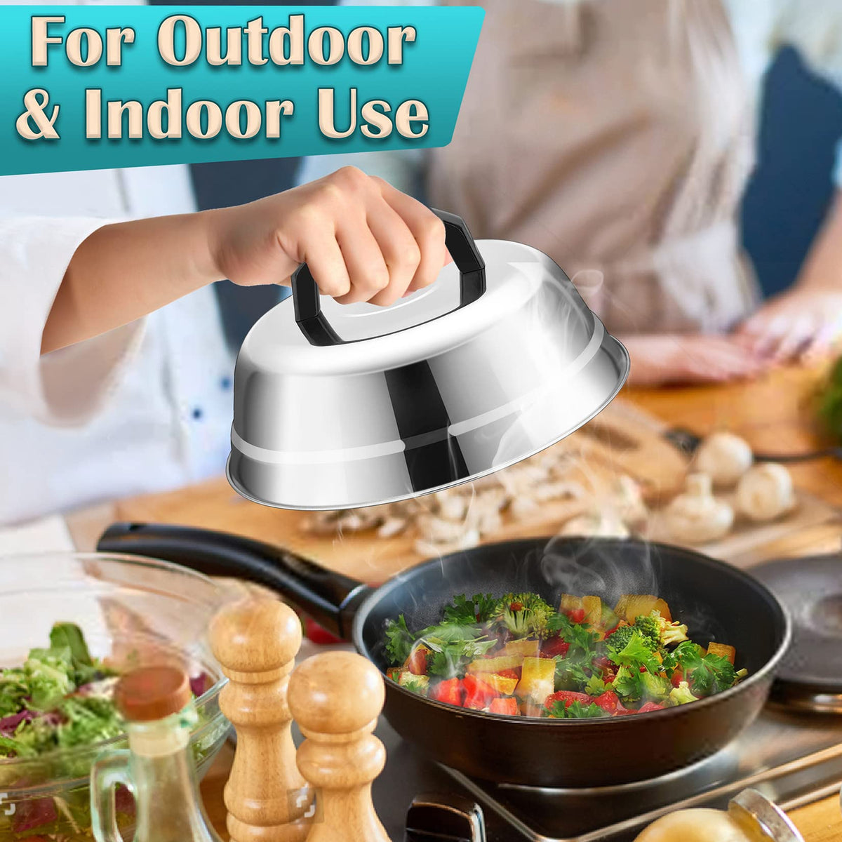 Joyfair dome over burgers on grill for efficient melting.