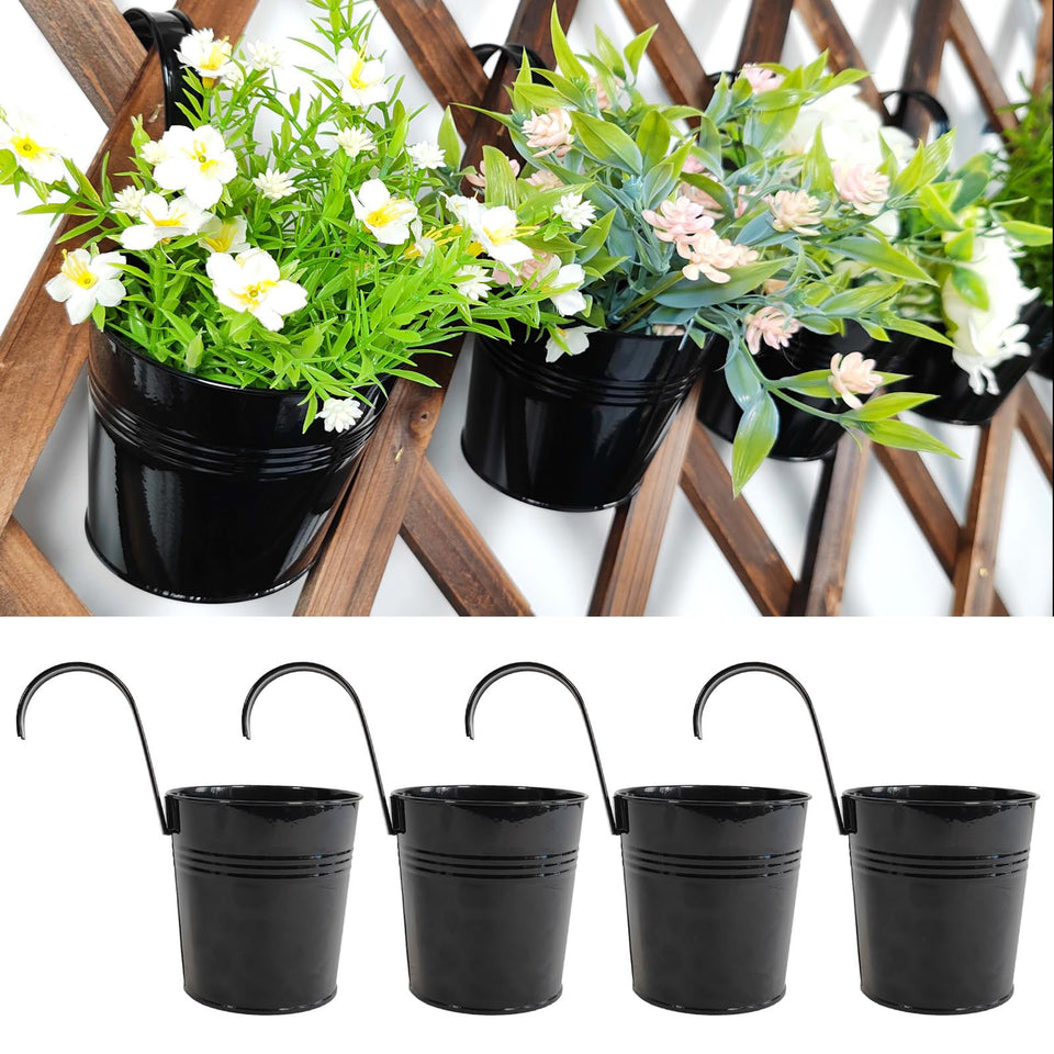 Joyfernal 4-pack black railing planter on balcony rail, ideal for herbs.