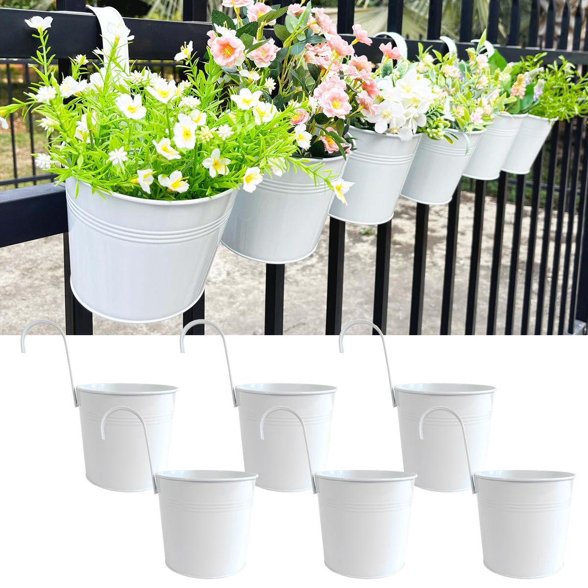 Joyfernal 6-pack hanging pots white on balcony railing for herbs.