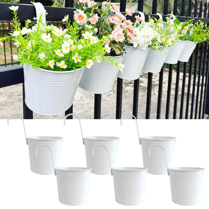 Joyfernal 6-pack hanging pots white on balcony railing for herbs.