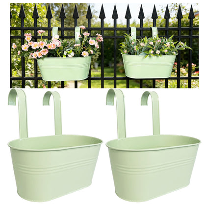 Joyfernal mint green balcony hanging planter on a railing for herbs and blooms.