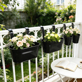 Joyfernal black finish balcony setup showcasing coordinated planters.