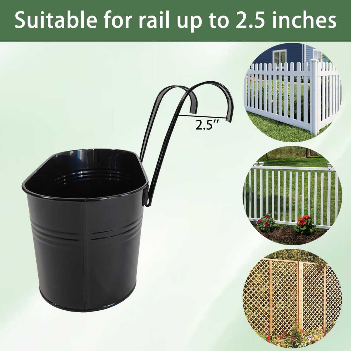 Joyfernal black porch rail planter with slim profile for rail or fence use.