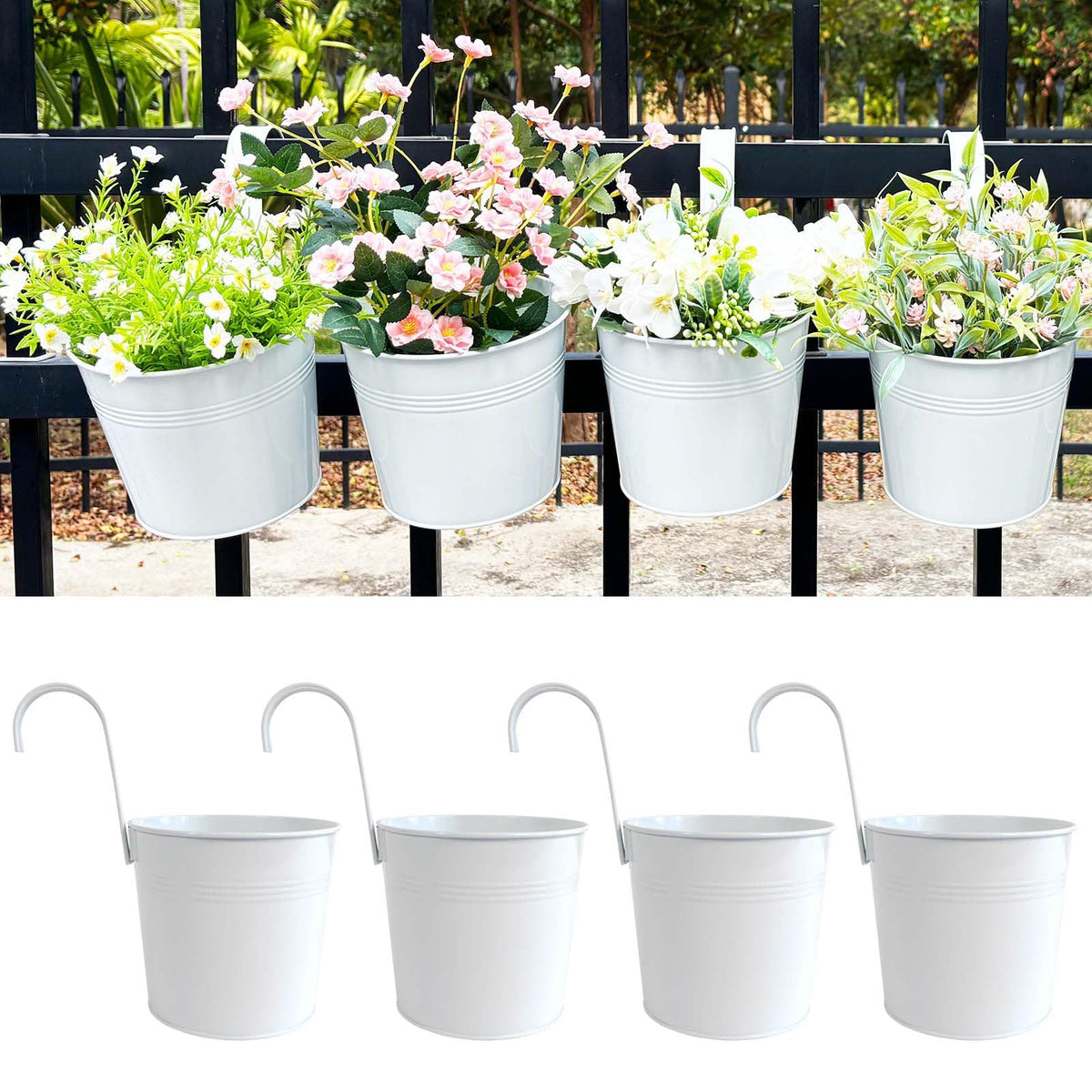 Joyfernal 6-inch white metal hanging planter for balcony rail decor with easy installation.