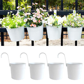 Joyfernal 6-inch white metal hanging planter for balcony rail decor with easy installation.