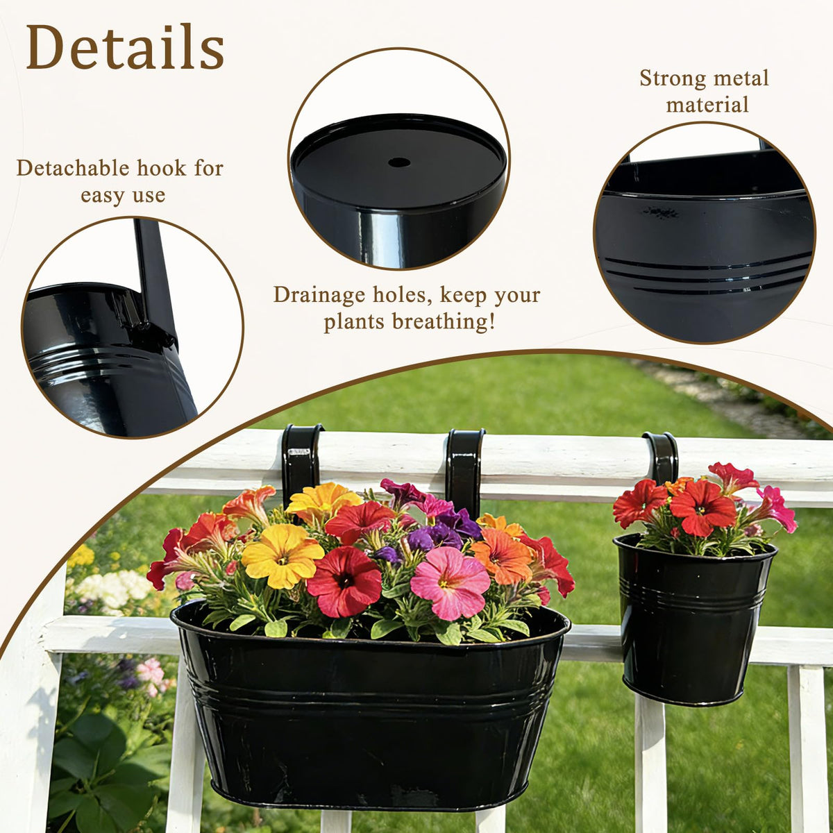 Joyfernal planter showing detachable hook design for easy hanging on rails.