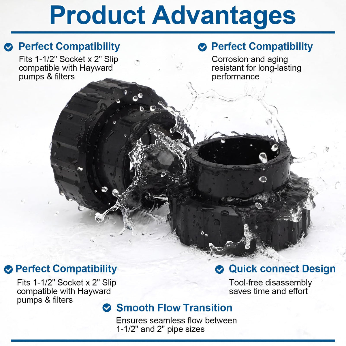 Joyfolk union connection kit made of durable ABS for long-lasting pool performance.
