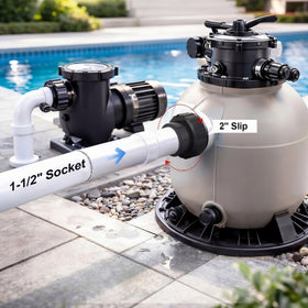 Joyfolk union connection kit exterior black finish blends with pool equipment.