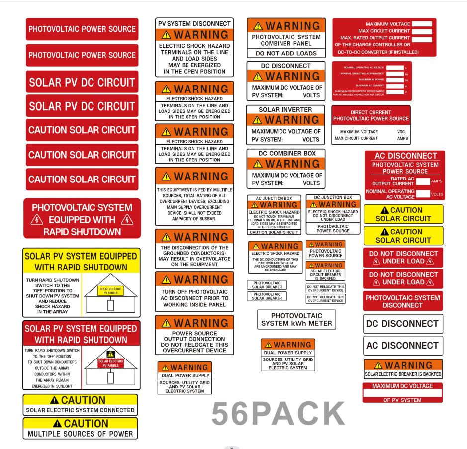 Joyfulmap 56-pack PV solar labels for outdoor safety labeling and quick component identification