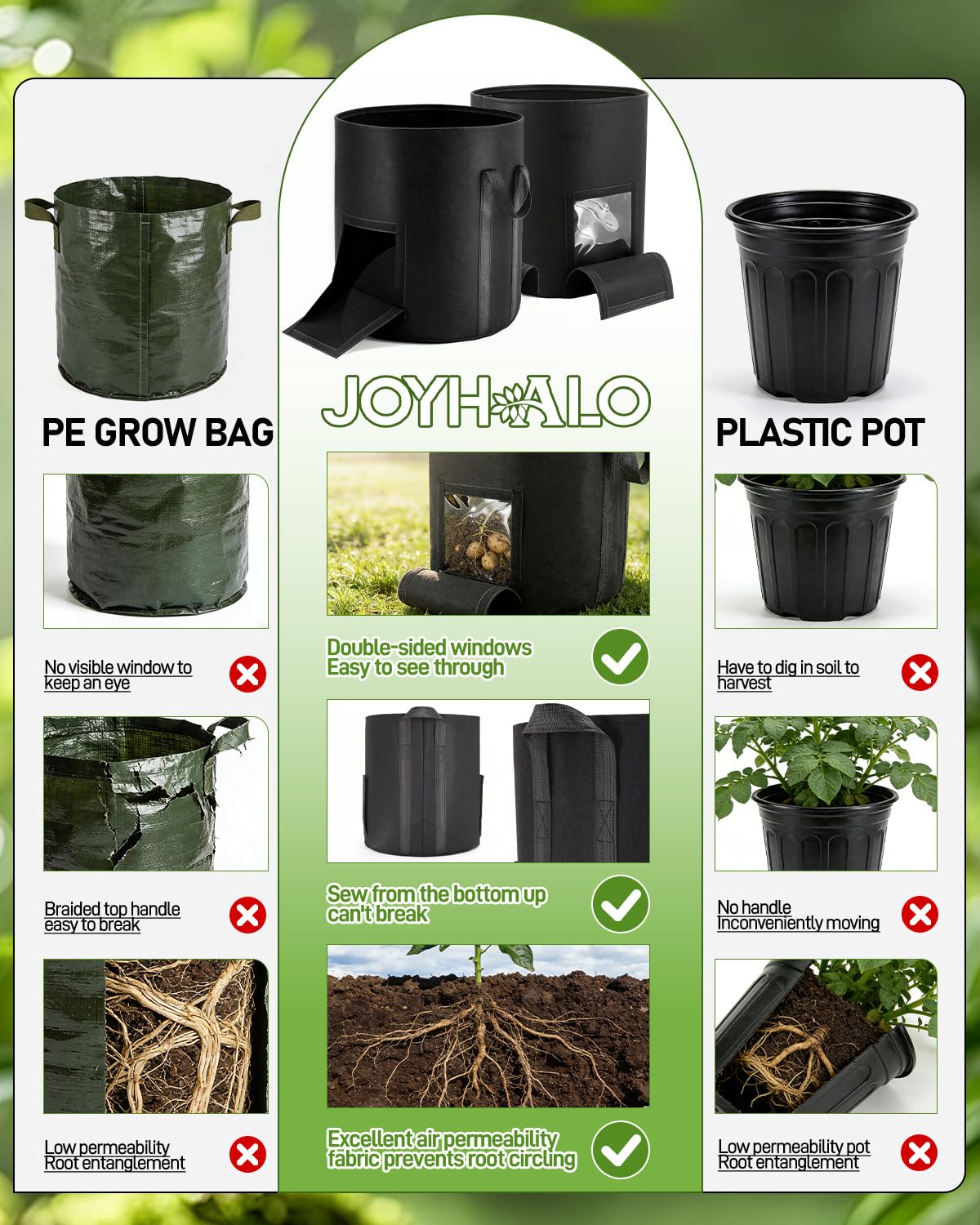 Joyhalo 4-pack potato grow bags arranged for space-saving gardening