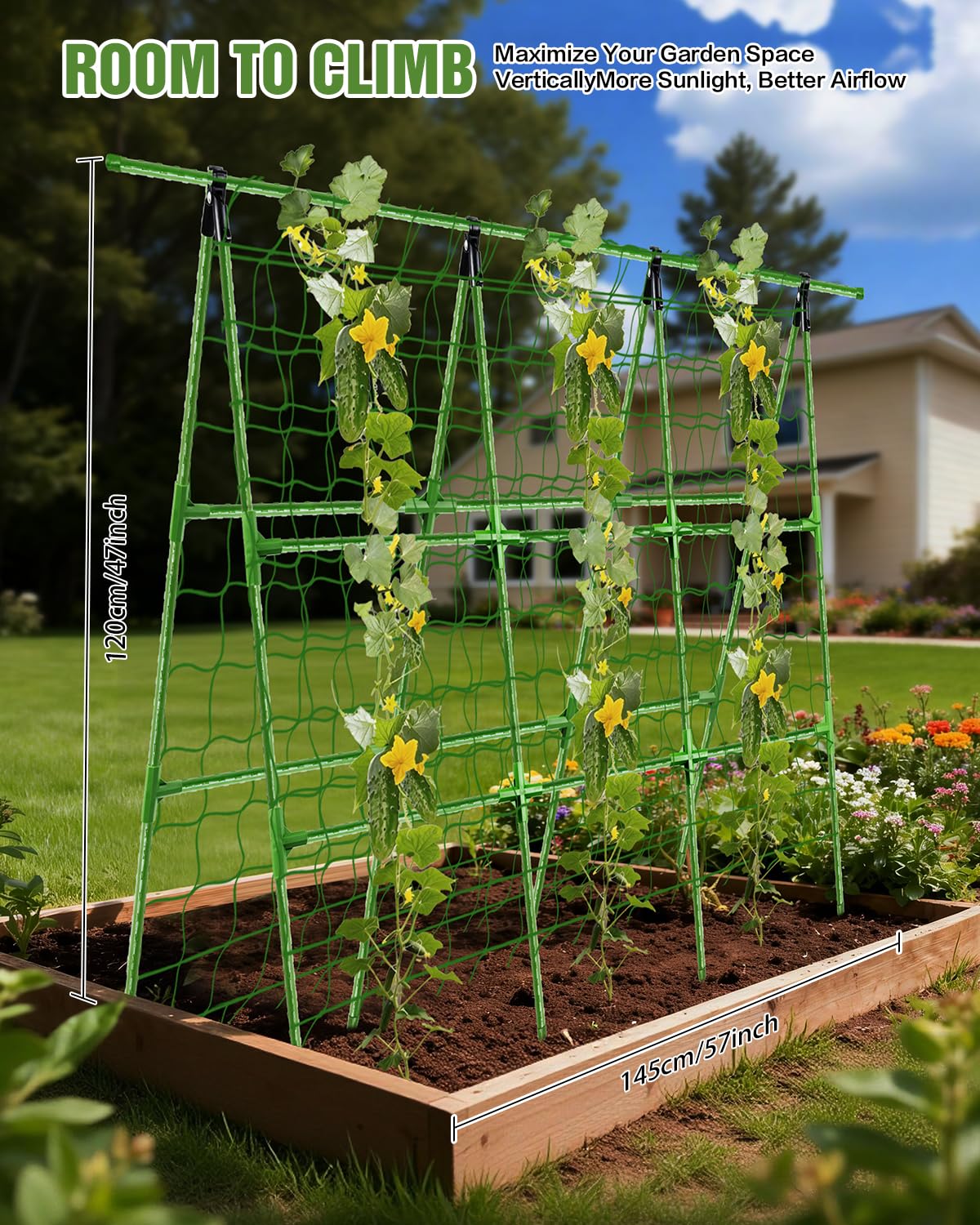 Joyhalo A-Frame trellis in garden shows adjustable width for different beds