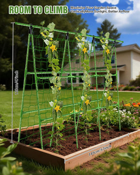 Joyhalo A-Frame trellis in garden shows adjustable width for different beds