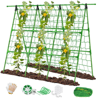 Joyhalo A-Frame cucumber trellis side view supports vertical growth for healthier vines