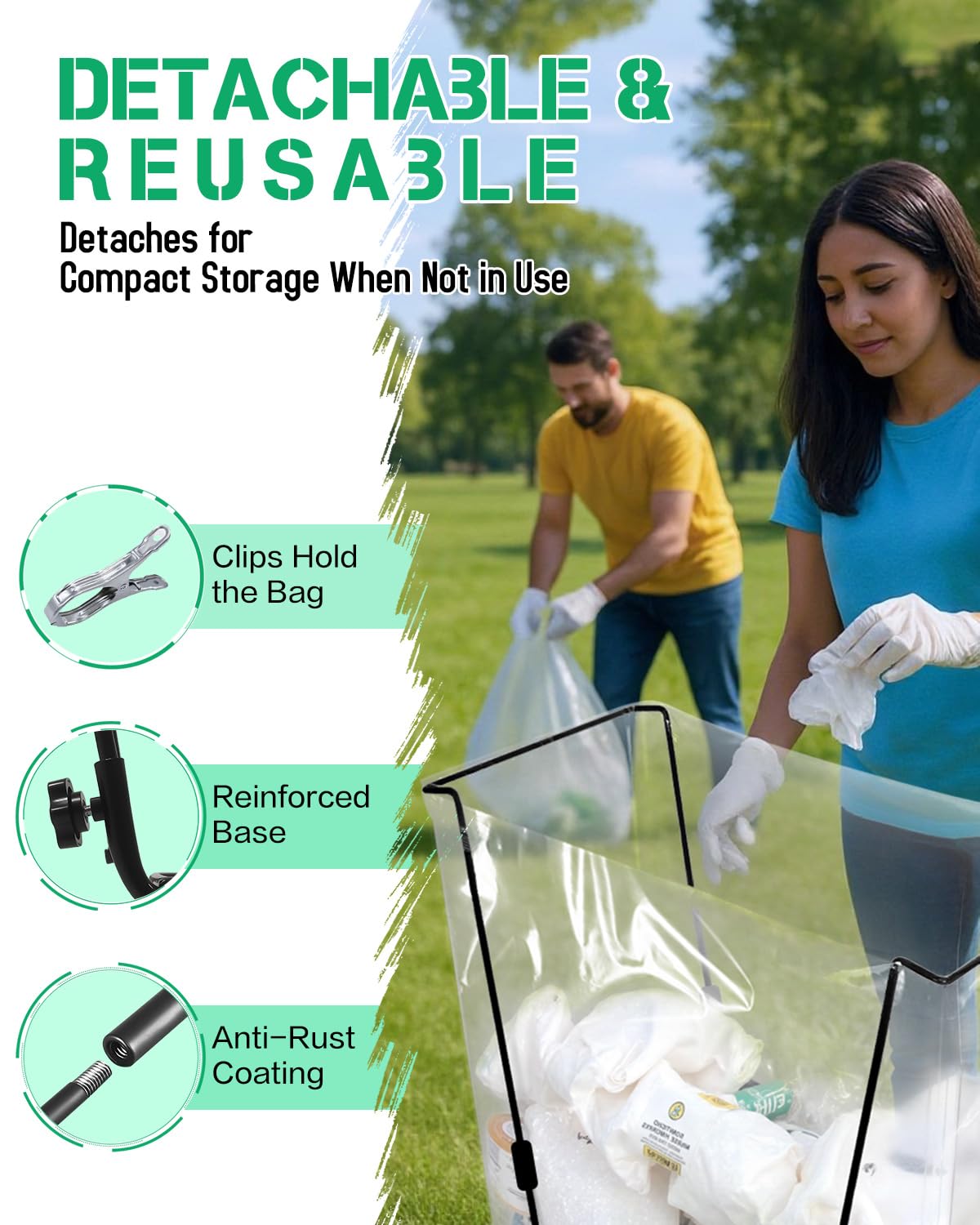 Joyhalo portable stand shown at a camping setup for easy waste collection.