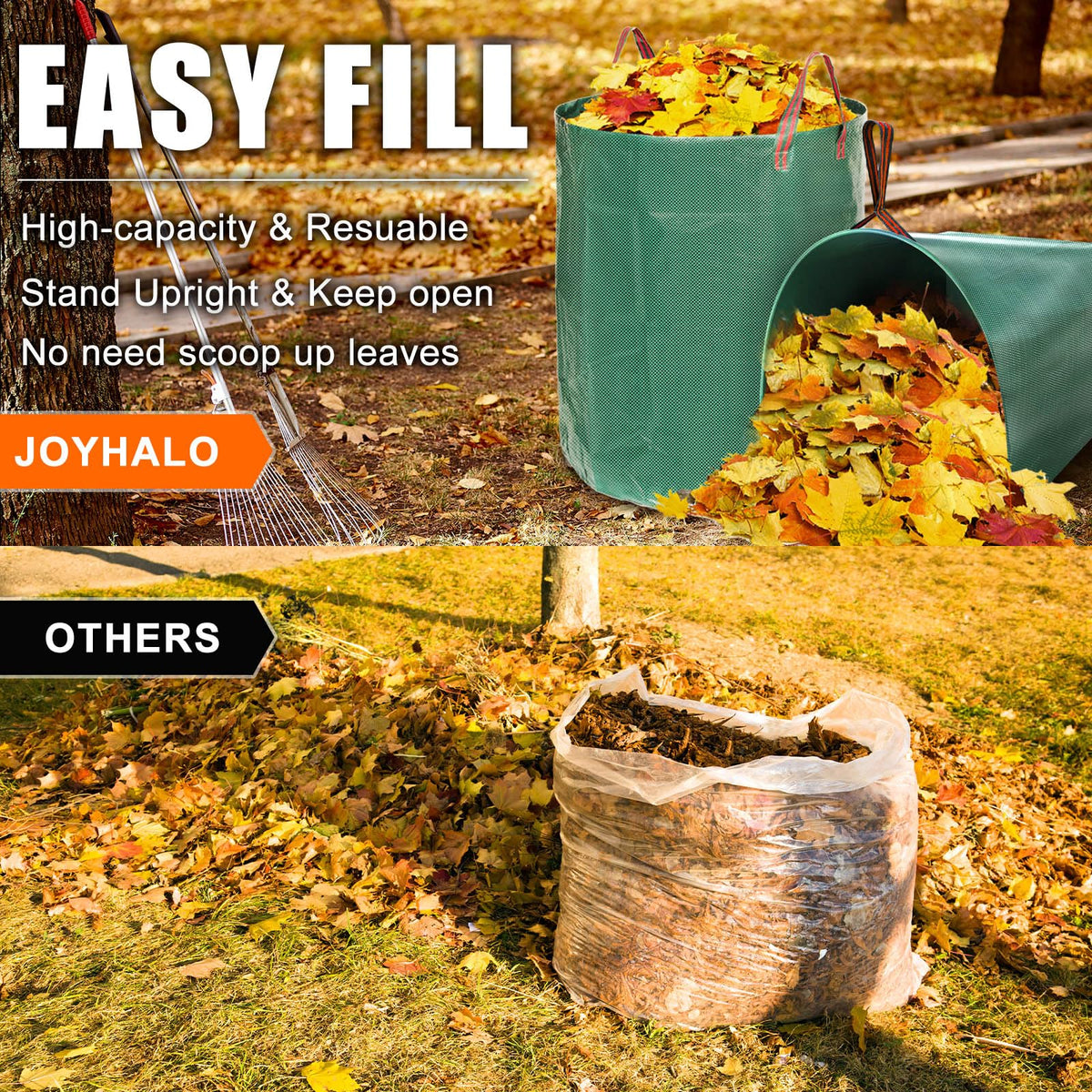 Joyhalo dustpan-type bag stand in use for quick yard cleanup