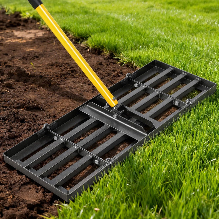 Joyhalo lawn leveling rake with 36-inch head for even ground prep and quick leveling.