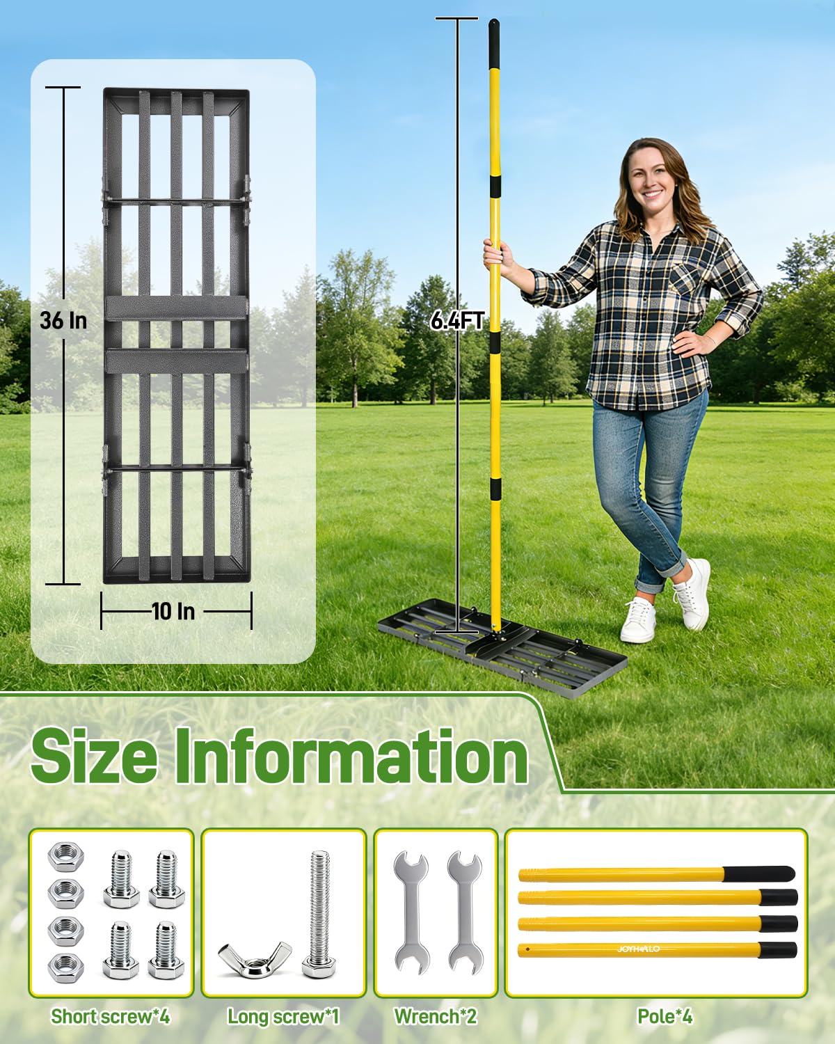 Joyhalo adjustable-handle lawn rake ideal for tall users and ergonomic operation.