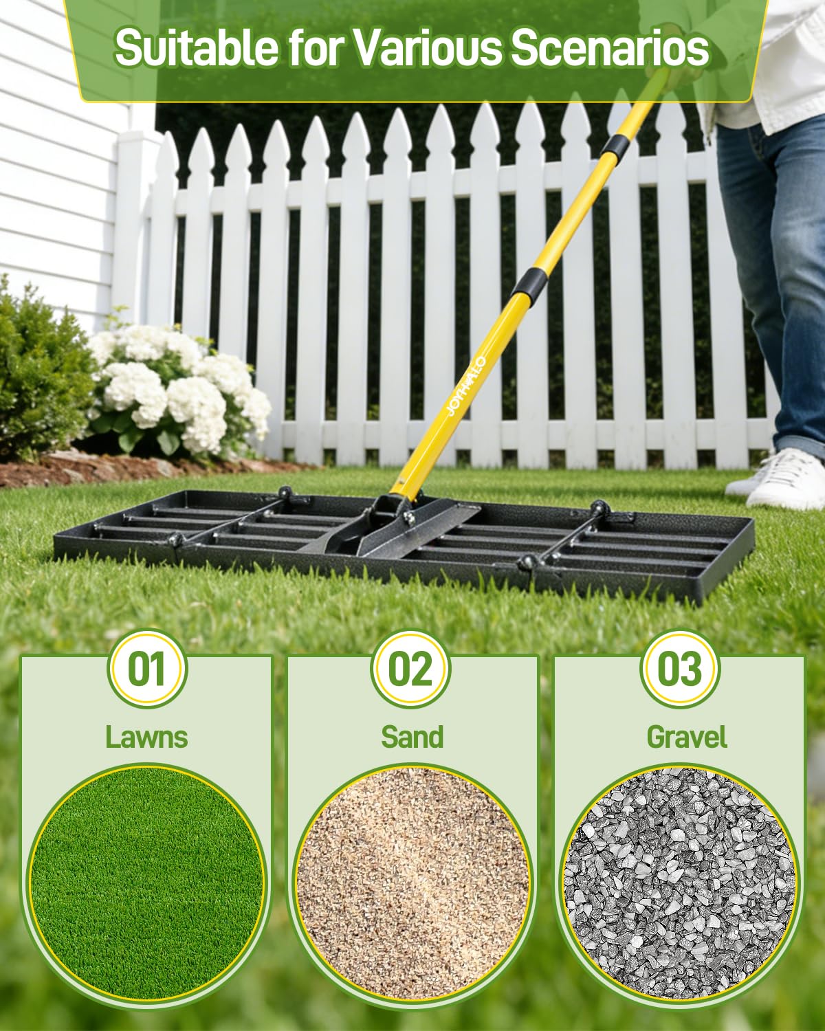 Joyhalo versatile rake suits lawn leveling, leaf collection, and soil aeration.