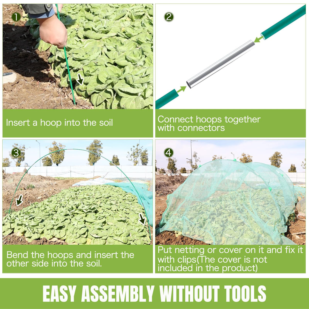 Joyhalo tool-free assembly demonstrated on a garden hoop frame